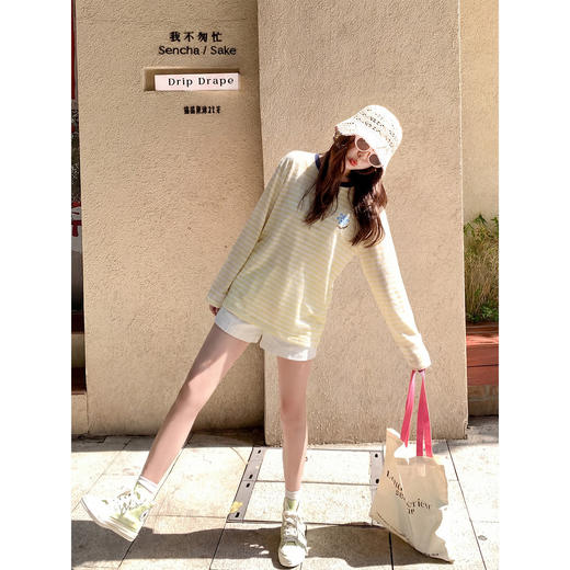 曾小咸 韩系刺绣黄色条纹薄款长袖t恤女夏季新款宽松防晒罩衫上衣【预售7-15天发货】 商品图2