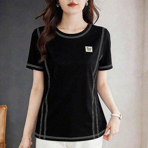 黑色圆领正肩T恤女夏季新款遮肚显瘦大码半袖体恤短袖上衣高级感 商品图1