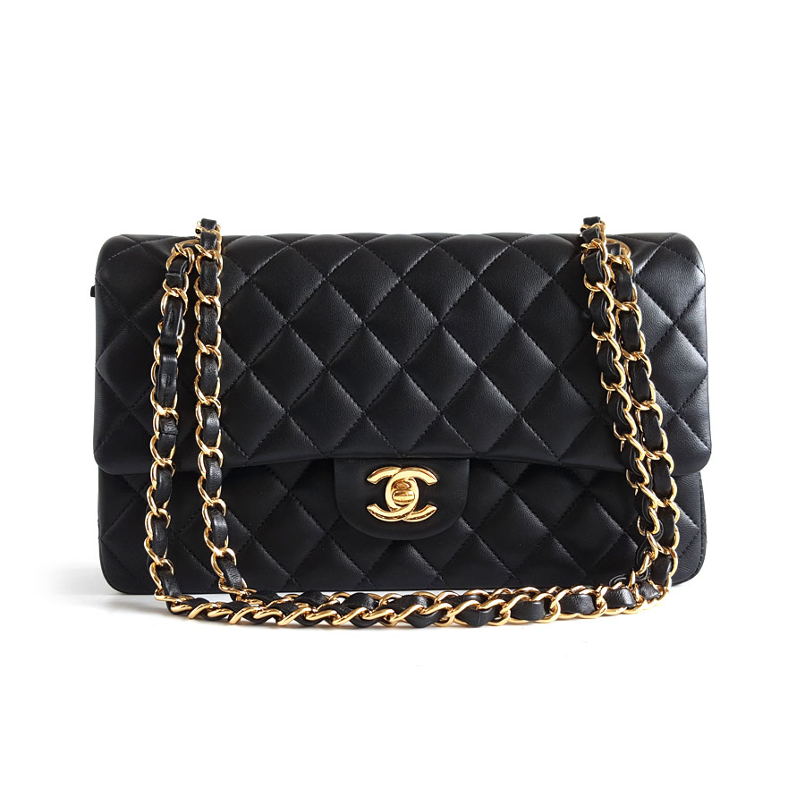 【95新】CHANEL香奈儿CF系列A01112 Y01295 94305中号黑金羊皮CF链条包单肩斜挎包女士130426AK29