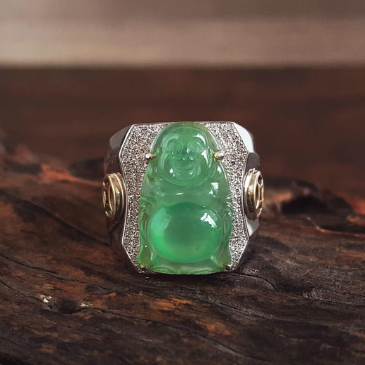 【天然正品】A货翡翠AU750收藏级双色金镶钻镶天然细腻绿色冰种佛公造型翡翠宽版戒指23.5号（戒圈可改）060426NJS21 商品图6