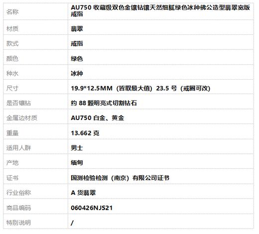 【天然正品】A货翡翠AU750收藏级双色金镶钻镶天然细腻绿色冰种佛公造型翡翠宽版戒指23.5号（戒圈可改）060426NJS21 商品图8
