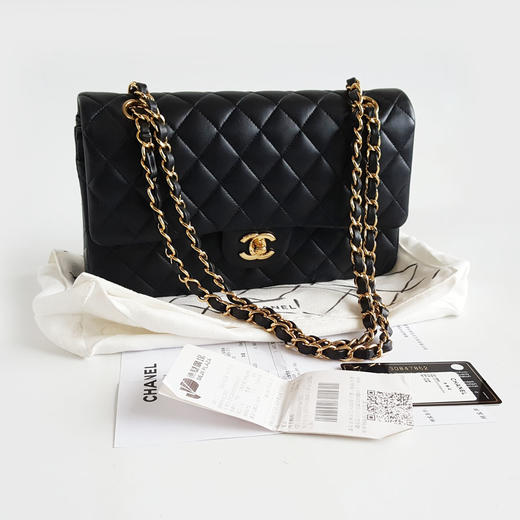 【95新】CHANEL香奈儿CF系列A01112 Y01295 94305中号黑金羊皮CF链条包单肩斜挎包女士130426AK29 商品图1