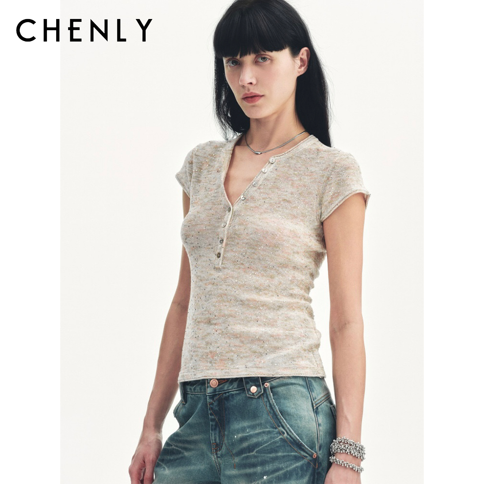 尘衣｜26SS珠片花色纱亨利领短袖
