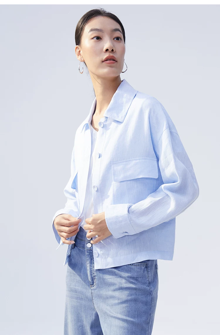pure touch女士亚麻浅蓝色衬衫休闲时尚设计感小众上衣夏季薄款新