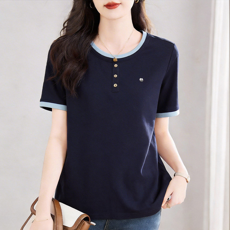 圆领短袖T恤女士夏季新款大码女装体恤拼接撞色休闲上衣洋气减龄
