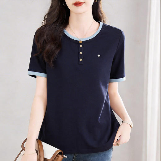 圆领短袖T恤女士夏季新款大码女装体恤拼接撞色休闲上衣洋气减龄 商品图0