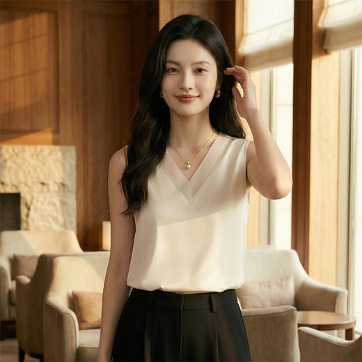 奢姿雅缎面网纱V领背心高级感内搭拼接打底百搭宽松S-3XL 商品图2