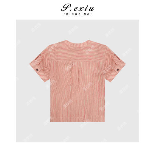 04-3潘依绣丁丁宠粉100%亚麻半开领压褶肌理感条纹短袖衬衫WH00371 商品图1