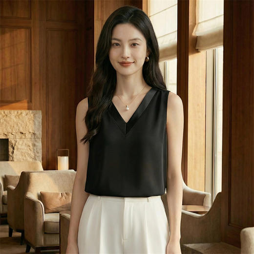 奢姿雅缎面网纱V领背心高级感内搭拼接打底百搭宽松S-3XL 商品图5