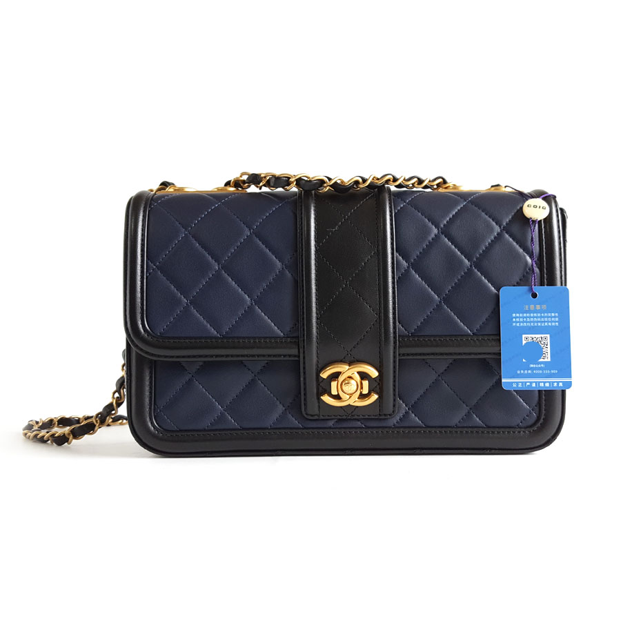 【95新】CHANEL香奈儿A91365 Y07659 C9955蓝黑拼色羊皮菱格CF链条包单肩包女士070426NJS17