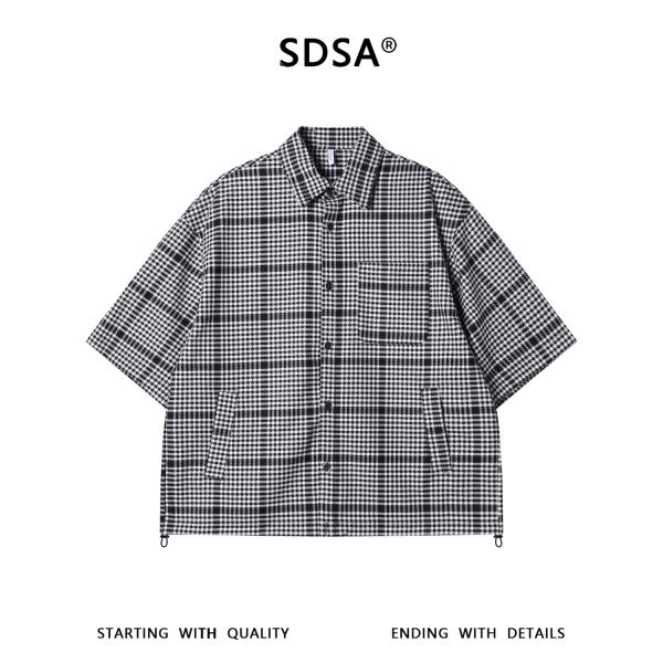 SDSA男装2026新款高贵轻奢简约韩系撞色小格子翻领短袖衬衫百搭