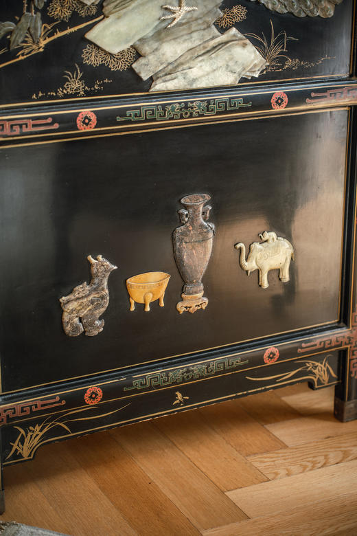 独角鹿西洋古董20世纪中国出品硬石镶嵌孔雀牡丹主题五曲屏风 商品图10