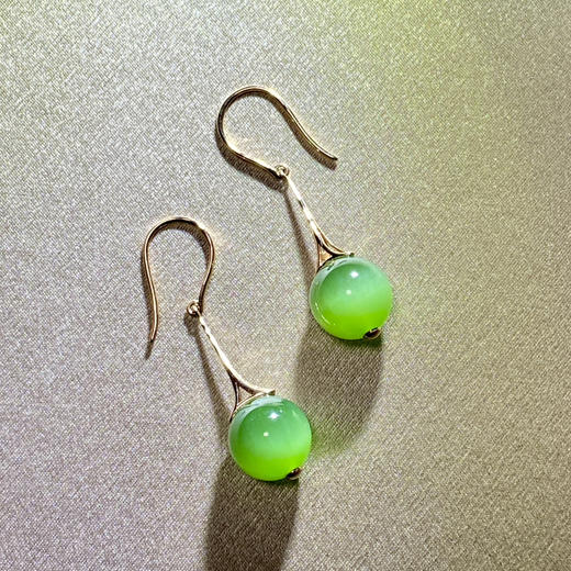 18K玫瑰金和田玉（碧玉猫眼）镶钻玉珠耳饰/圆珠10mm/菠菜绿/总长35mm 商品图1