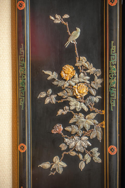 独角鹿西洋古董20世纪中国出品硬石镶嵌孔雀牡丹主题五曲屏风 商品图4
