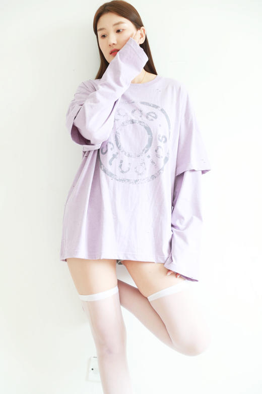 紫霞仙子tee，做旧复古长袖。假两件圆领正肩破洞字母上衣E041660 商品图13