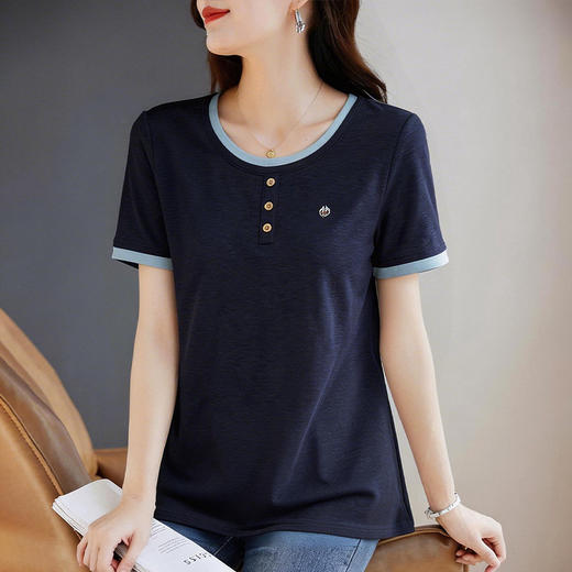 圆领短袖T恤女士夏季新款大码女装体恤拼接撞色休闲上衣洋气减龄 商品图4