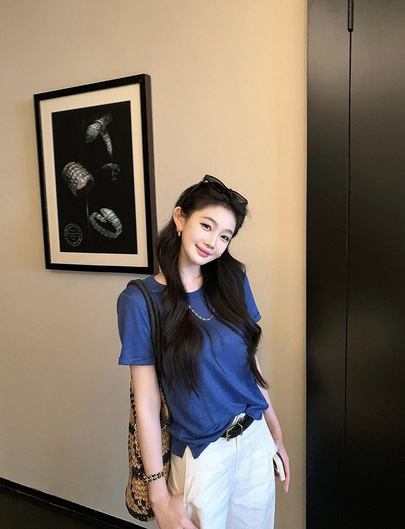 克莱因蓝麻棉感短袖T恤