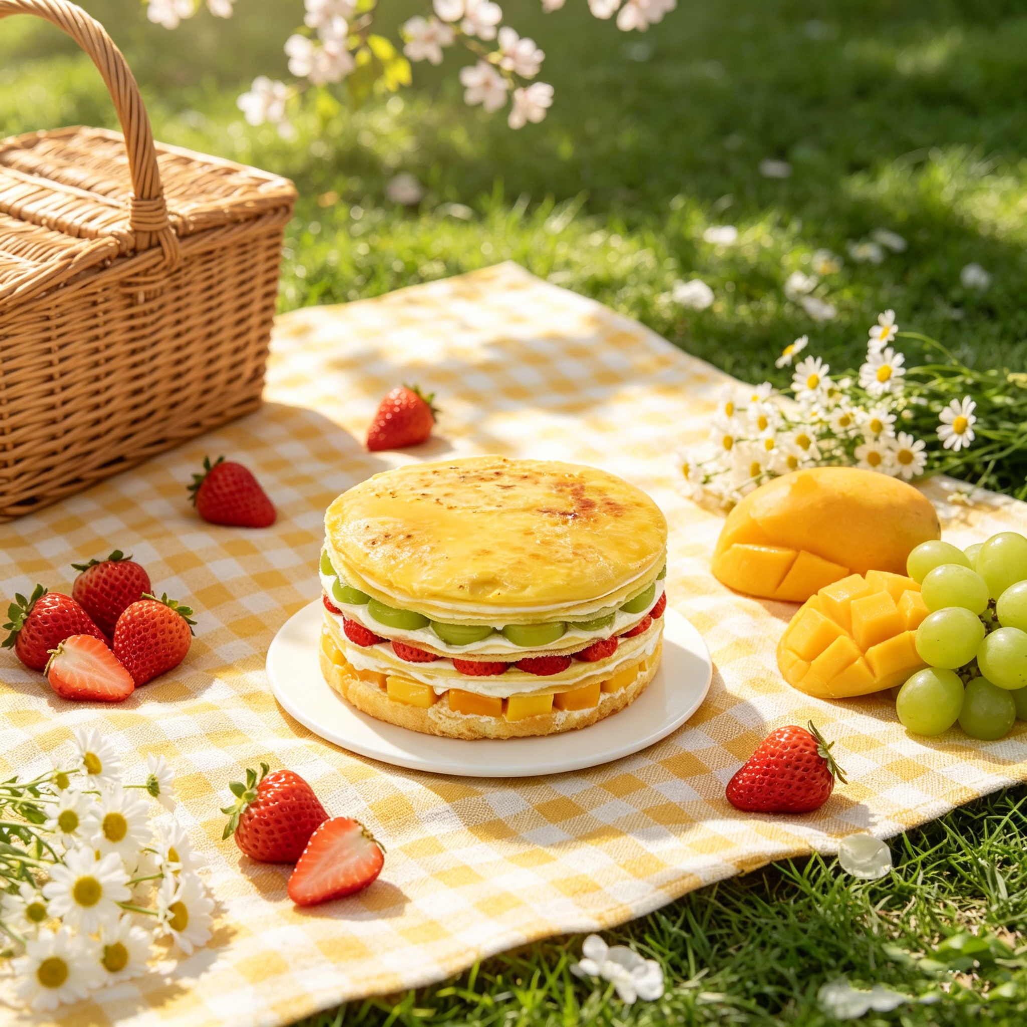 【鲜果布蕾千层】缤纷鲜果烤布蕾千层，青提草莓芒果层层叠叠，烤布蕾带一点焦香奶甜，搭配轻盈奶油和千层皮，奶香醇厚清爽不腻（今日特惠）