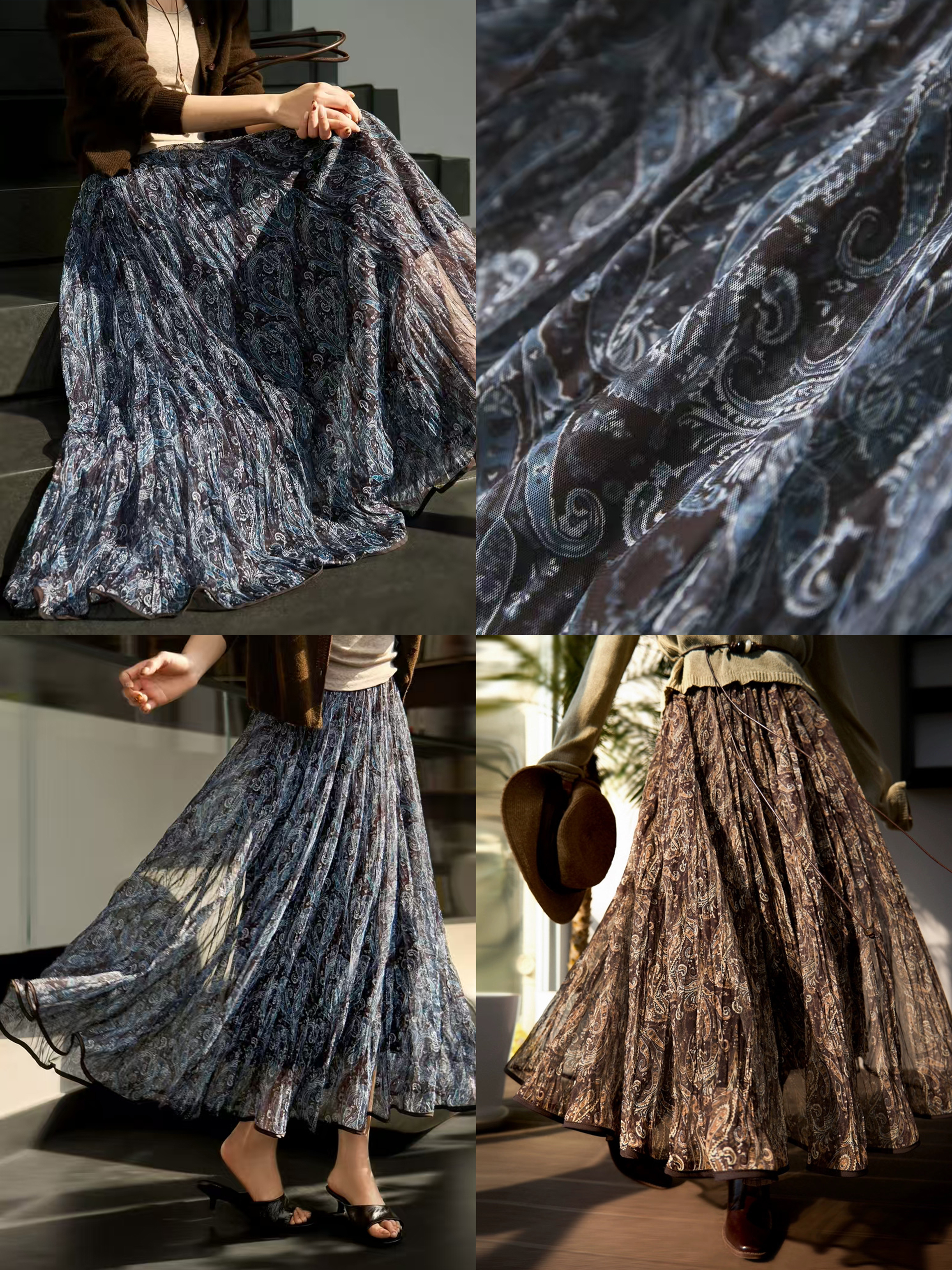 直发 巴塞光影"流浪"伞裙~度假风复古印花压褶大摆半身裙【VQJ26033419】