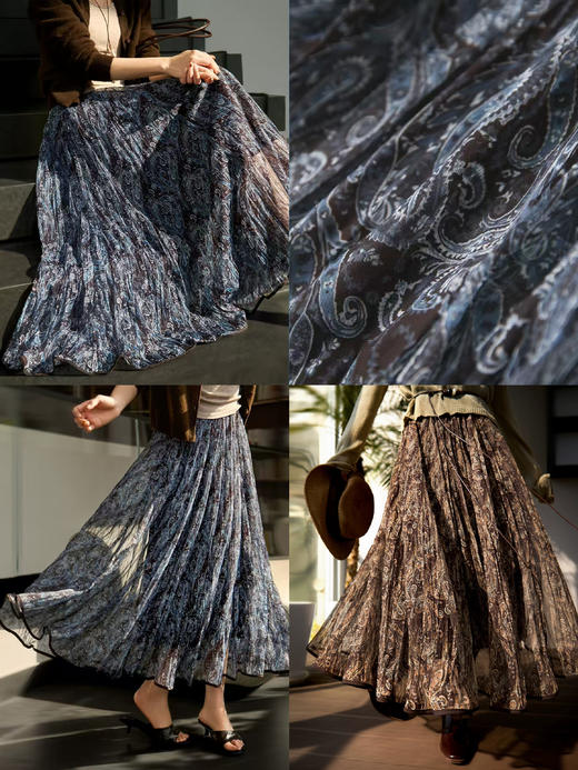 直发 巴塞光影"流浪"伞裙~度假风复古印花压褶大摆半身裙【VQJ26033419】 商品图0