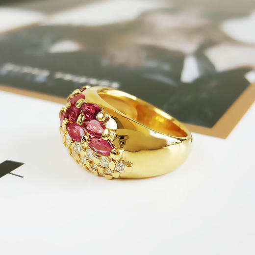 【天然正品】AU750黄金镶钻群镶天然宫廷风设计师款宽版1.21克拉红宝石戒指13.5号（戒圈可改）190326NJM27 商品图4