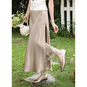 鹿向南「月光竹笺」高级感香槟色半身裙女夏新款开叉蕾丝显瘦长裙