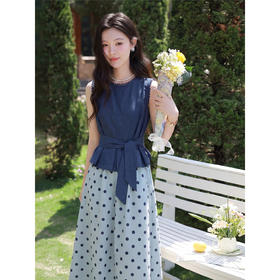 鹿向南「塞纳来信」蓝色背心上衣时尚套装女夏季波点半身裙两件套