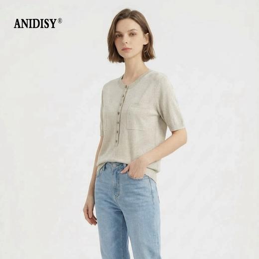 时尚圆领短袖半开胸单排扣修身针织上衣 商品图1