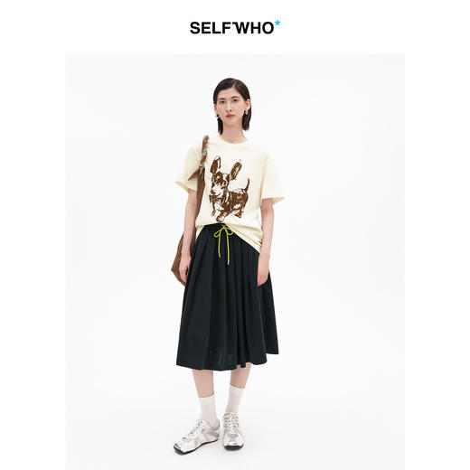 SELFWHO天丝醋酸混纺撞色抽绳a字半身裙女2026夏新款松紧腰百褶裙 商品图4