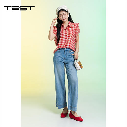 夏上新法式甜美减龄宽松红白格子荷叶边短袖衬衫1262092 商品图1