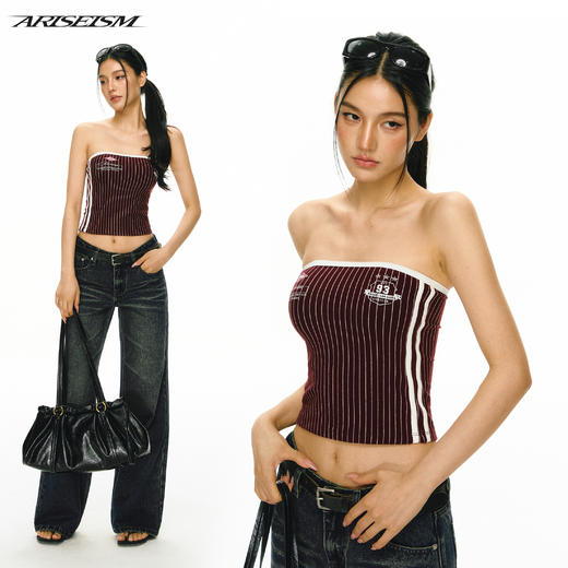 Ariseism 美式复古辣妹撞色竖条纹抹胸女夏季新款外穿上衣 商品图0
