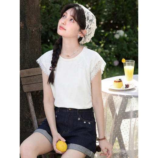 鹿向南「温柔信号」简约白色小飞袖T恤女夏新款显瘦绝美短袖上衣 商品图0