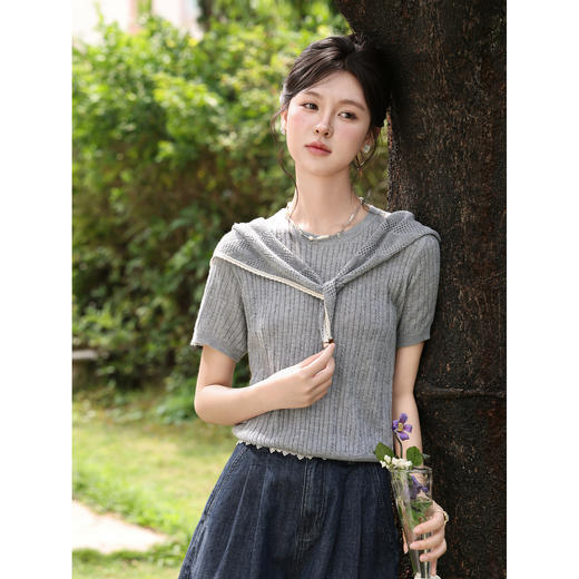 鹿向南「雾灰河畔」灰色短袖针织衫夏新款宽松显瘦温柔休闲上衣女 商品图1