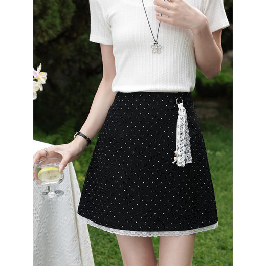 鹿向南「星眠信筏」波点黑色半身裙女夏新款撞色设计遮胯显瘦短裙 商品图0