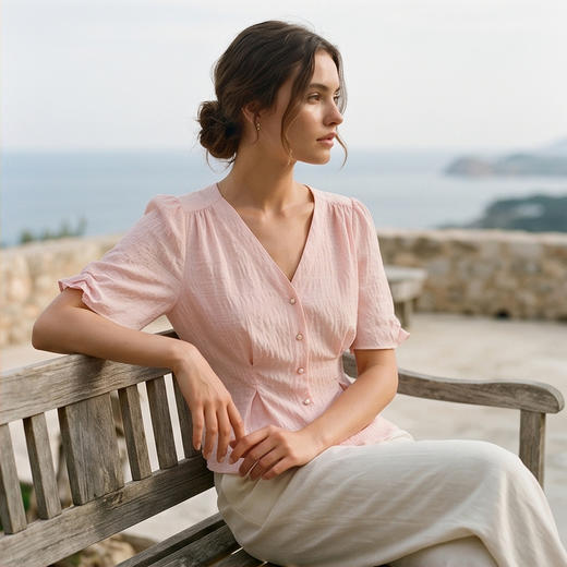 PALUOPO/PL暗纹提花V领灯笼短袖真丝上衣重磅桑蚕丝女式T恤ES23559Z-A 商品图6