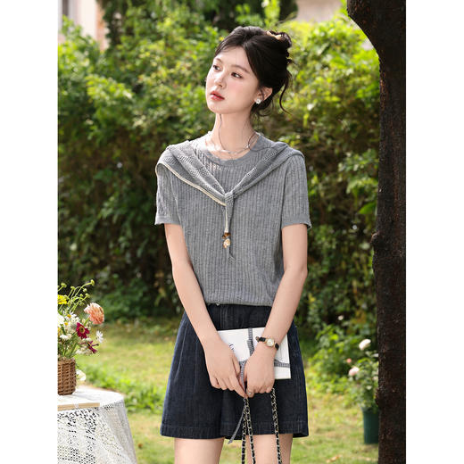 鹿向南「雾灰河畔」灰色短袖针织衫夏新款宽松显瘦温柔休闲上衣女 商品图0