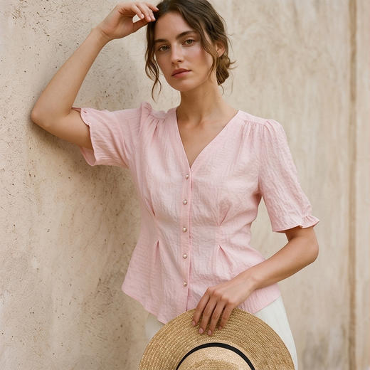 PALUOPO/PL暗纹提花V领灯笼短袖真丝上衣重磅桑蚕丝女式T恤ES23559Z-A 商品图7