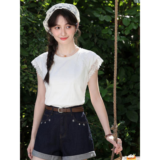 鹿向南「温柔信号」简约白色小飞袖T恤女夏新款显瘦绝美短袖上衣 商品图1