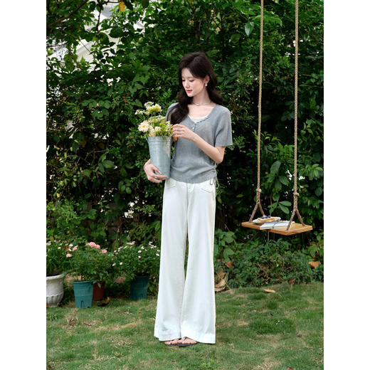 鹿向南「雾入松海」灰色V领短袖针织衫夏新款宽松显瘦气质上衣女 商品图1