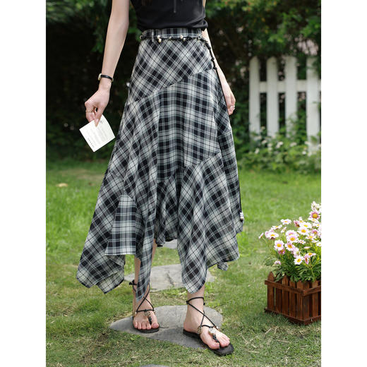 鹿向南「星朵柠野」复古格纹半身裙女夏新款不规则高腰显瘦中长裙 商品图2
