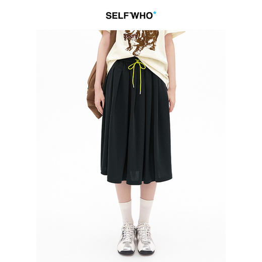 SELFWHO天丝醋酸混纺撞色抽绳a字半身裙女2026夏新款松紧腰百褶裙 商品图0