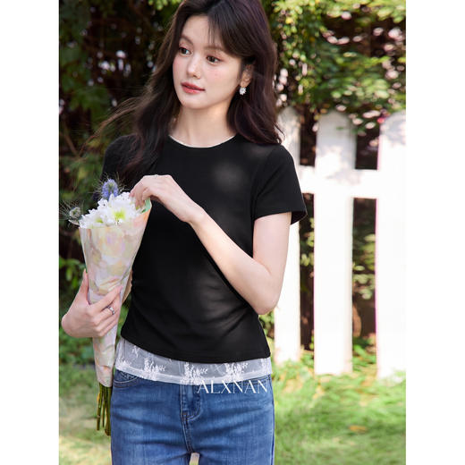 鹿向南【0417/20:00新品前1小时7折限量100件】假两件正肩黑色T恤 商品图0