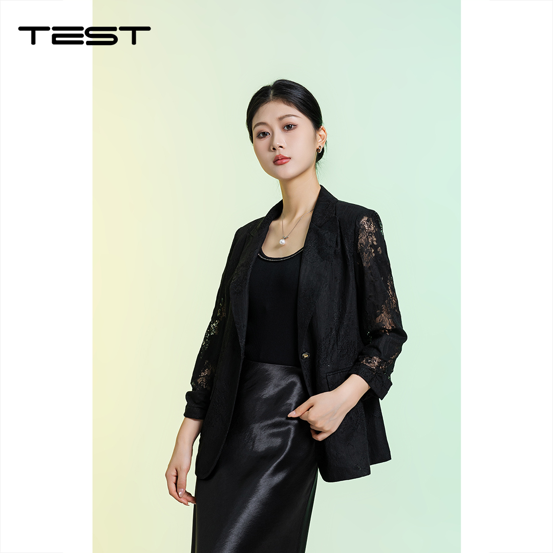 夏上新透气气质通勤黑色蕾丝镂空西装2262014