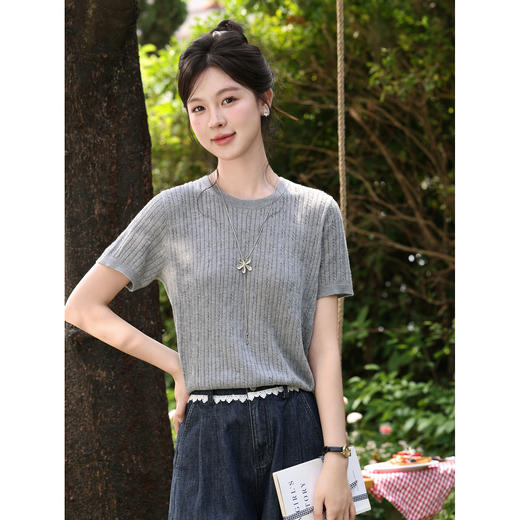 鹿向南「雾灰河畔」灰色短袖针织衫夏新款宽松显瘦温柔休闲上衣女 商品图3