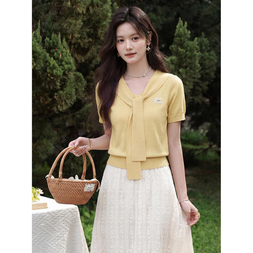 鹿向南「芒芒奶冻」气质黄色针织短袖女夏季新款披肩洋气修身上衣 商品图4