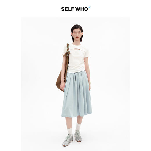 SELFWHO天丝醋酸混纺撞色抽绳a字半身裙女2026夏新款松紧腰百褶裙 商品图2