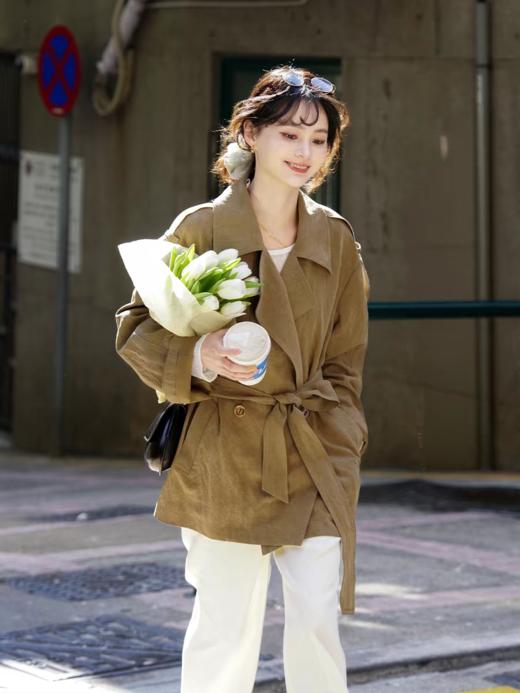 浮生八记/26A002/羊毛天丝肌理感垂坠双排扣长短款风衣 商品图1