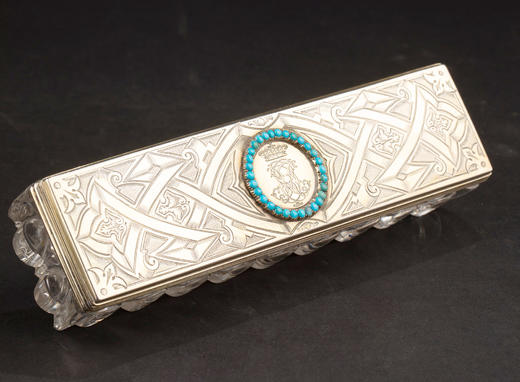 独角鹿西洋古董1850年代英国Edward Barnard工坊出品木质外盒装饰铜鎏金精雕镶嵌绿松石纯银套件旅行梳妆箱 商品图8