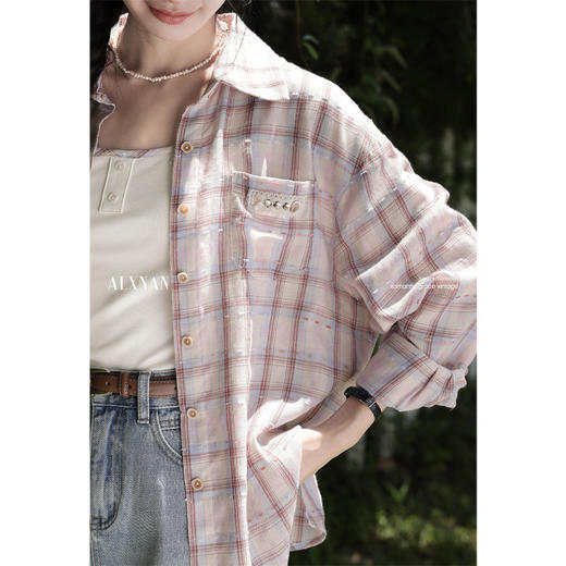 鹿向南「童话镇」粉色格子衬衫女春新款长袖防晒衬衣休闲外套上衣 商品图3