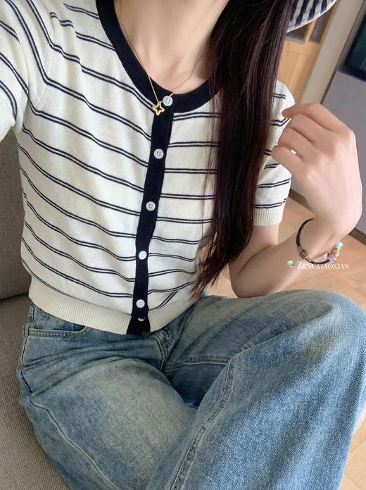 <曾小咸推荐>4.18现货秒杀 ！微信超特价！韩系2色条纹针织短袖开衫 日常129.99 立减70 秒杀59.99！！ 商品图14